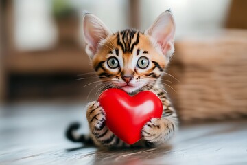 Cute Bengal Kitten Holding a Red Heart Symbolizing Love and Affection.