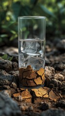 Fototapeta premium Glass of water in an environment of cracked earth due to the dryness caused by climate change, IA Generated, AI generated