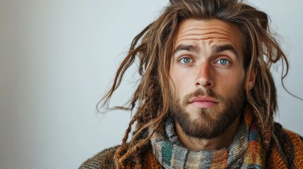 funny portrait of hippie young man with dreadlocks on white background