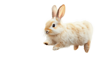 Cute fluffy rabbit hopping on a white isolated background.