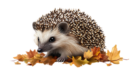 Cute hedgehog among colorful autumn leaves on a white isolated background.
