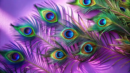 Obraz premium Peacock Feathers on Lilac Background, Architectural Photography