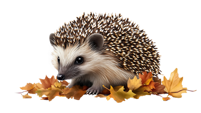 Cute hedgehog among colorful autumn leaves on a white isolated background.
