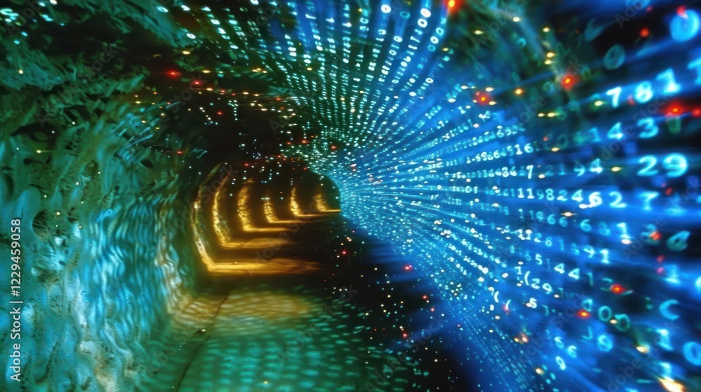 Poster abstract representation of data flowing through a digital tunnel with vibrant colors and light effec