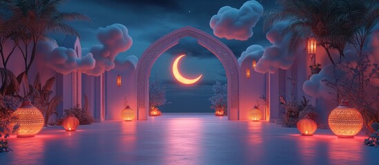 Night archway, moonlit oasis, lanterns