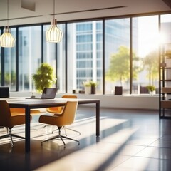 Fototapeta premium Modern office with glass walls, filled with natural light, featuring desks, chairs, and decorative plants, AI generated