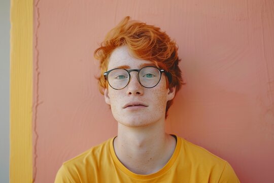 A cute red-haired guy wearing stylish glasses yellow t-shirt