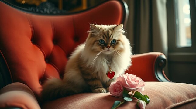 A fluffy Persian cat curled up on a vintage velvet armchair, soft pink roses in the background, image related to single awareness day