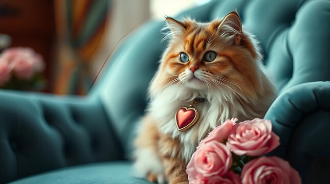 A fluffy Persian cat curled up on a vintage velvet armchair, wearing a red heart-shaped locket, soft pink roses in the background, image related to single awareness day - Powered by Adobe