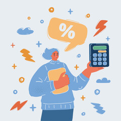 Cartoon vector illustration of Smiling woman hold Calculator. Woman considers favorable interest rates