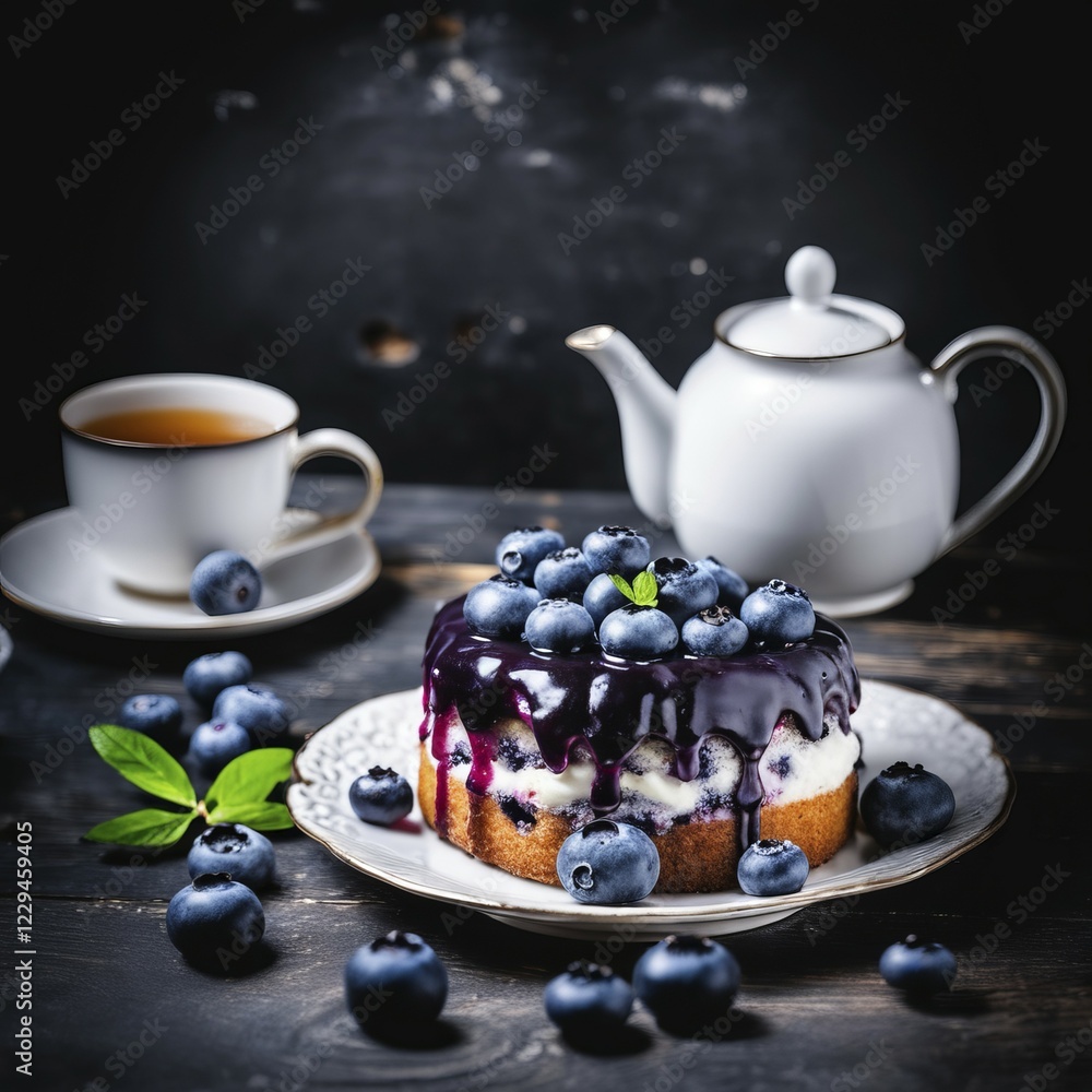 Poster blueberry cake with tea set on a dark wood table creating an elegant and rustic atmosphere, blueberr