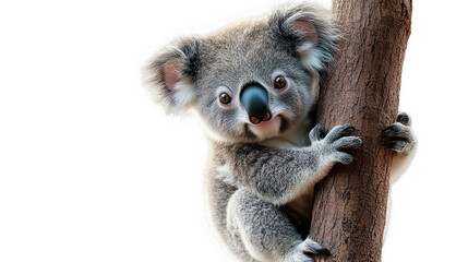 Fototapeta premium Cute koala perched on a tree branch, looking curious against a white isolated background.