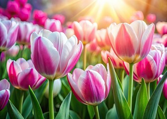 Obraz premium Pink and White Tulips in Sunlight - Elegant Floral Display