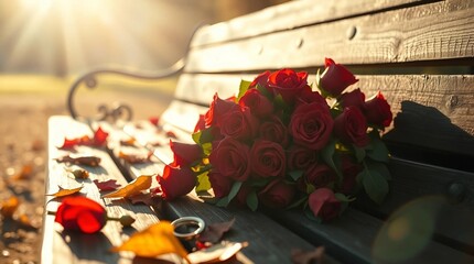 a delicate bouquet of red roses left abandoned on an old wooden park bench, soft golden sunlight, image related to single awareness day