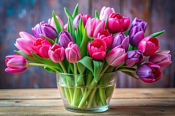 Obraz premium Pink and Violet Tulips Bouquet in Vase - Candid Photography AI Art