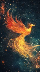 A stunning phoenix soaring through starry skies.