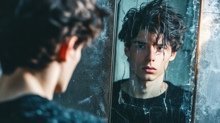 Reflective moment of a young man in front of mirror.