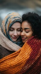 Two women embracing warmly in cozy scarves.