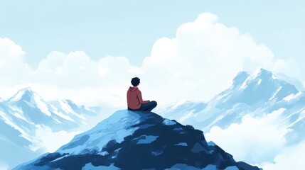 A person meditates on a mountain peak.