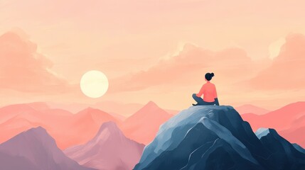 Person meditating on mountain at sunrise.