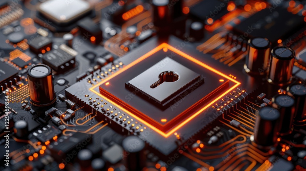 Aufkleber close-up view of a glowing microchip on a circuit board, surrounded by electronic components