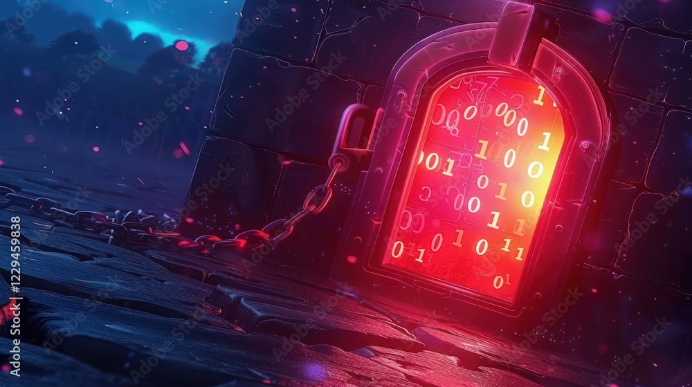 Poster enigmatic glowing door with binary code emanating light in a mystical landscape at dusk