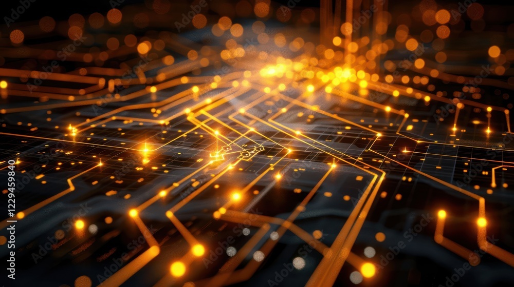 Poster abstract representation of a vibrant digital circuit board with glowing connections and nodes