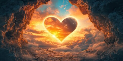 Heart-shaped sunset in a dramatic cloudscape.