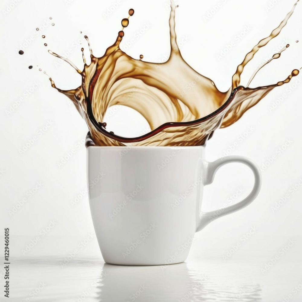 Poster coffee splash creating a vortex shape as it spills out of a white cup, ai generated