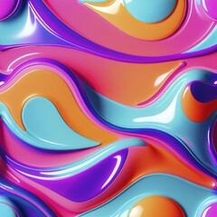 Fototapeta premium Smooth abstract waves in vibrant hues of orange, blue, and pink featuring a glossy 3D texture, AI generated
