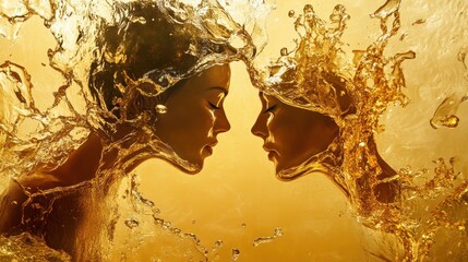Two women merging with water in golden light.