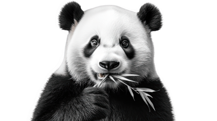 Cute panda eating bamboo on a white isolated background.