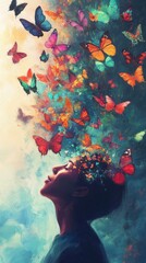 A person dreams with colorful butterflies flying.