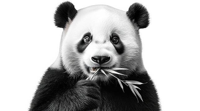 Cute panda eating bamboo on a white isolated background.