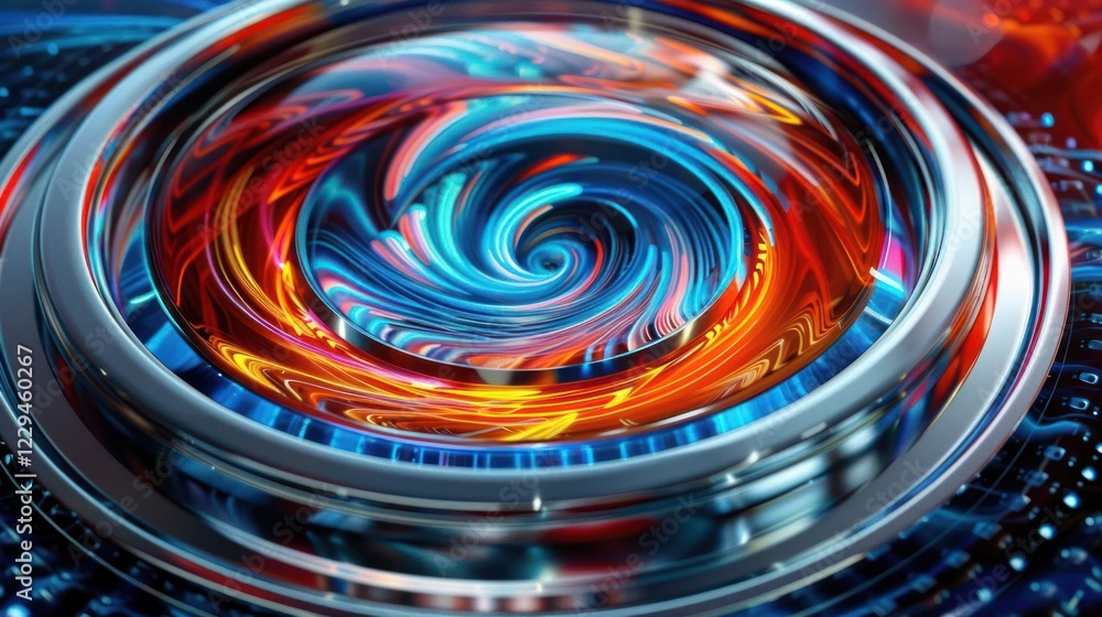 Poster vibrant swirling abstract design with metallic accents and digital patterns in the background