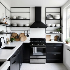 Open-Frame Kitchen – A kitchen with exposed shelving, thin metal frames, and a monochrome palette.