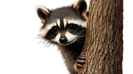 Cute raccoon peeking from behind a tree, white isolated background.