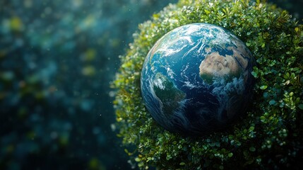Green Earth nestled in foliage, sunlit background, environmental concept