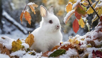 KI generated, A white dwarf rabbit in autumn, ice, snow, onset of winter, (Brachylagus idahoensis)
