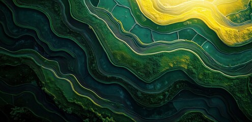Abstract Terraced Landscape: An aerial view reveals a mesmerizing landscape of undulating green and yellow terraces, forming an abstract pattern that evokes a sense of tranquility and depth.