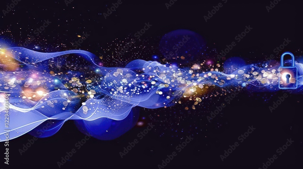 Poster abstract representation of digital security with flowing waves and a lock symbol in a cosmic backgro
