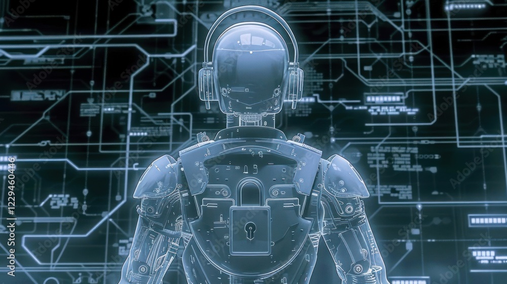 Poster futuristic robotic figure with a lock in a high-tech environment, observing digital data streams