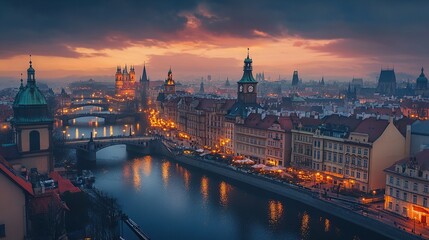 Obraz premium Prague sunrise cityscape, river, bridge, old town, tourism