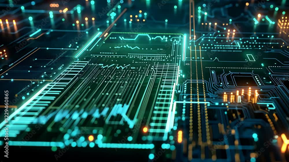 Aufkleber dive into a futuristic world with a mesmerizing video showcasing a close-up of a glowing circuit boa