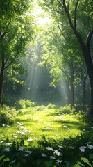 Naklejka premium Sunlit Forest Path: A Tranquil Nature Scene