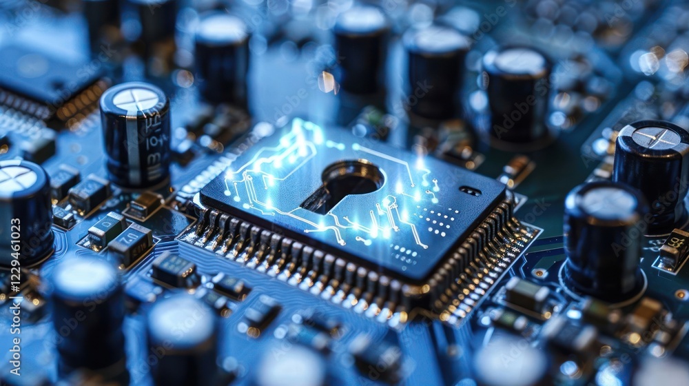 Aufkleber close-up view of a computer circuit board with a glowing keyhole symbolizing cybersecurity innovatio