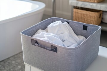 Soft white towels placed in a gray fabric storage basket near a modern bathtub in a bright bathroom