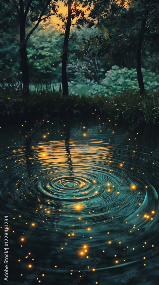 Poster a tranquil forest pond illuminated by fireflies at twilight, creating a magical and serene atmospher