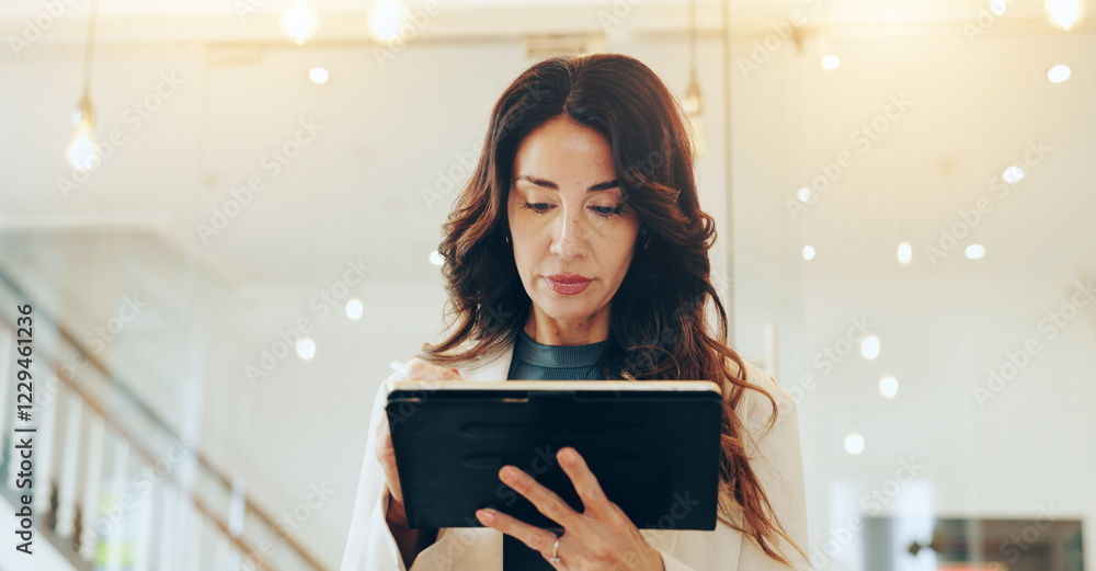 Poster woman, tablet and reading with planning in office for interior design with review for project manage