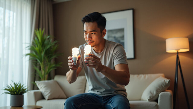 Focused Asian Man Replacing CFLs with LED Bulbs in Modern Living Room for Energy Efficiency and Sustainable Living